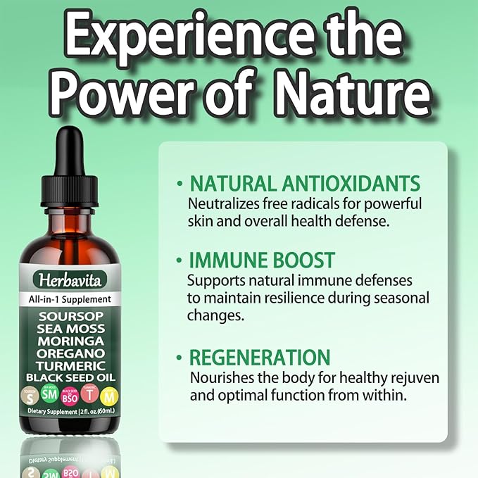 Herbavita Soursop Liquid Drops 10 in 1 with Sea Moss, Moringa, Turmeric, Black Seed Oil – Vegan, Non-GMO Immune & Energy Support – 2 fl oz