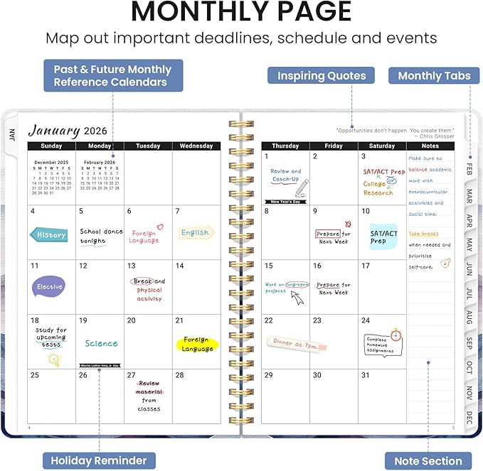 2026 Planner, Monthly and Weekly Calendar Planner for Women, January 2026 - December 2026, Hardcover Pretty 2026 Agenda Planner Book with Tabs, Spiral Bound, Perfect for School Office Home Supplies, 6.3" x 8.5" - Distant Peaks
