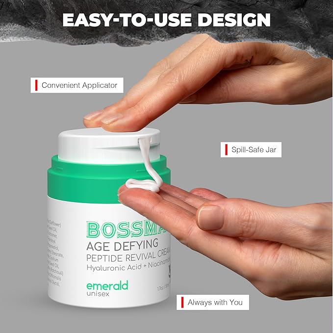 Bossman Peptide Revival Cream 1.7 oz - Emerald (Green Tea) Scent - Anti-Aging Face Moisturizer for Men & Women - Niacinamide & Hyaluronic Acid - Peptide Moisturizer for All Skin Types - Made in USA