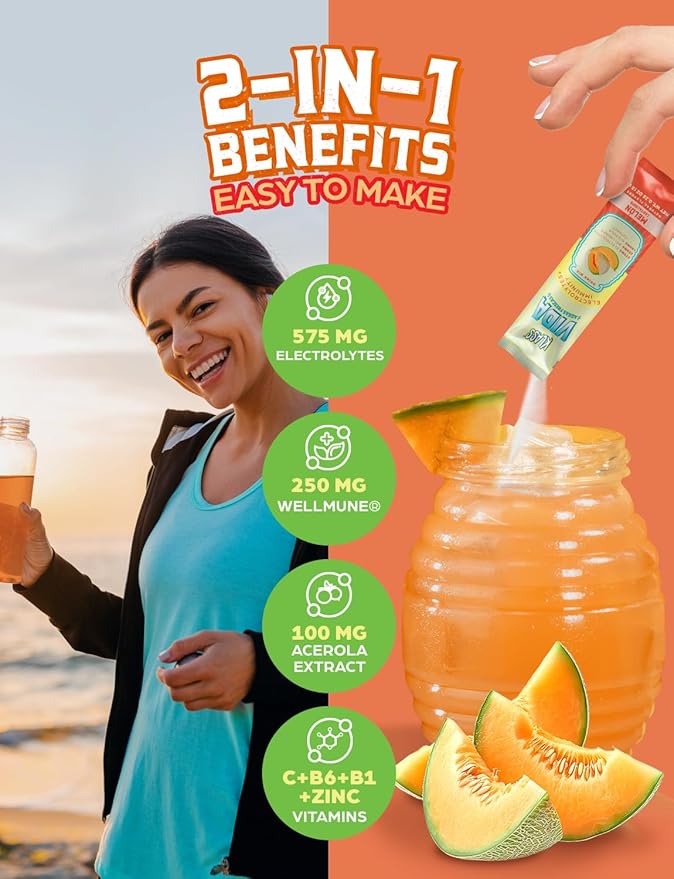 Hydration + Immunity Electrolyte Drink Mix – Cantaloupe Agua Fresca Flavor | Sugar-Free Powder with Wellmune®, Acerola, Coconut Water & Minerals | 15 Single-Serve Stick Packs, Low Calorie