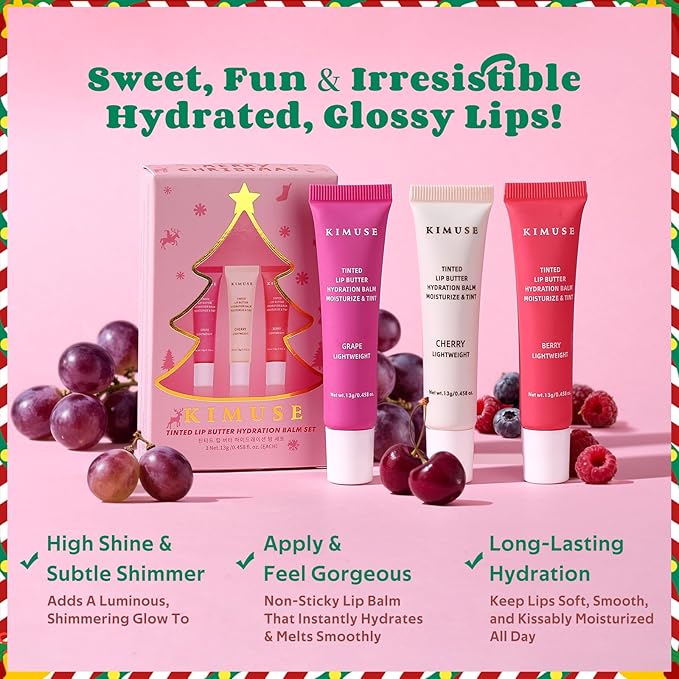 KIMUSE 3 Pack Tinted Lip Butter Hydration Balm, Hydrating Lip Treatment with Hyaluronic Acid & Vitamin E, Moisturizing Lip Balm for Shine & Hydration, Vegan Formula
