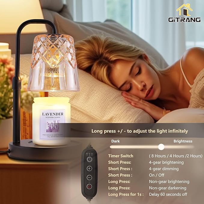 Candle Warming Lamp with Timer Dimmer, Adjustable Height Electric Wax Melt Warmer for Jar Candles with 3 Bulbs, Mother's Day Women's Home Decor Gift, Round Base with Black Pole