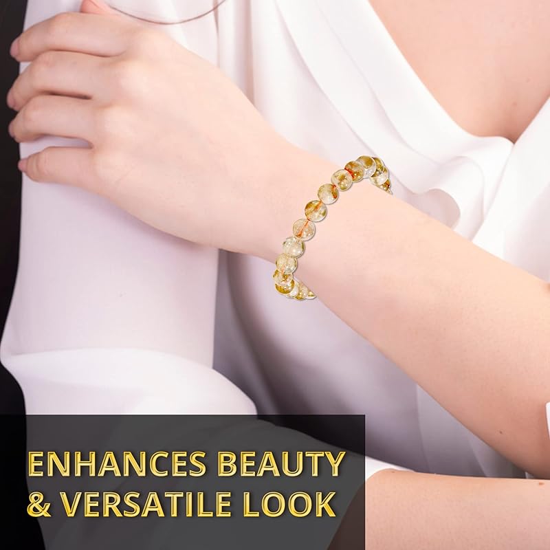 Genuine Citrine Bracelet, Healing Crystal Bracelet for Women and Men, 8mm Round Beaded Bracelet for Spiritual Healing, Protection, Positive Energy, Elastic Adjustable Size Gemstone Bead Bracelet