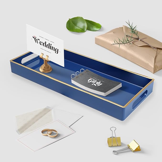 Blue Bathroom Vanity Tray for Countertop, Small Plastic Toilet Tank Versatile Storage & Organization Tray for Makeup, Perfume, Desk, Kitchen, Candles, 13.7"x6"x1.4", 35HB