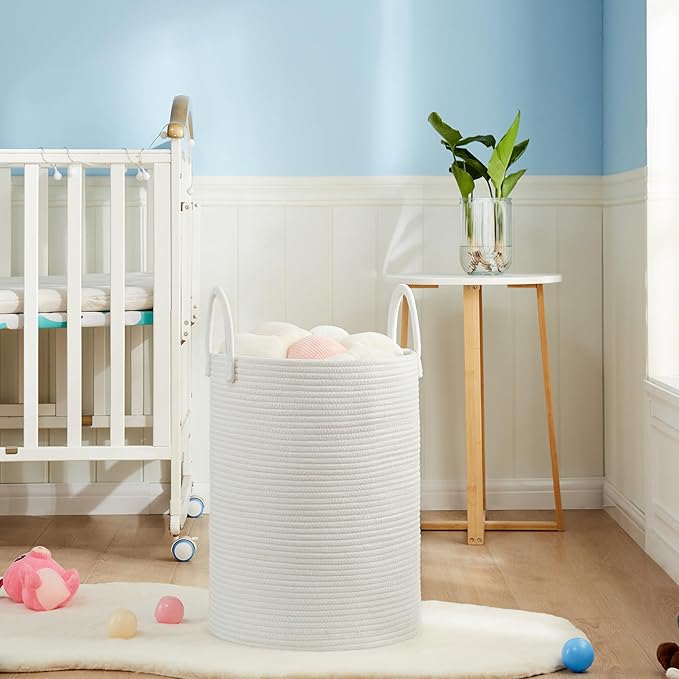 Cotton Rope Laundry Hamper by YOUDENOVA, 72L - Woven Collapsible Laundry Basket - Clothes Storage Basket for Blankets, Laundry Room Organizing, Bedroom Storage, Clothes Hamper – White