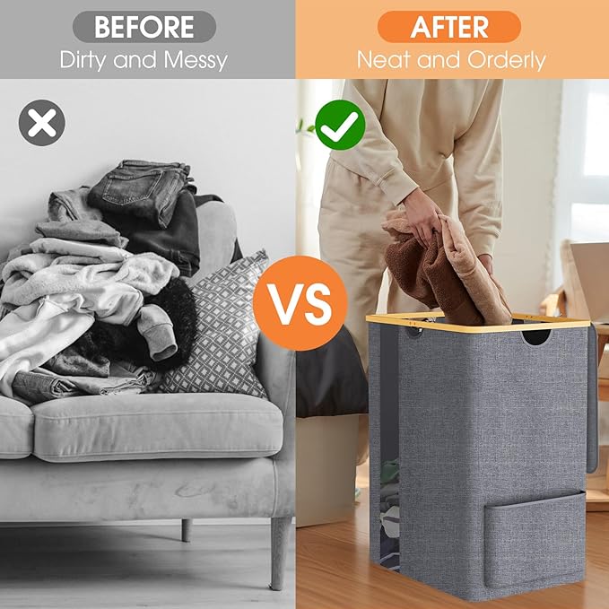 Laundry Basket Clothes Hamper with Lid and Pocket Large Collapsible Laundry Baskets with Handle, Freestanding Hampers for Bedroom Aesthetic, Dorm, Bathroom, Laundry Room (150L,Light Grey)