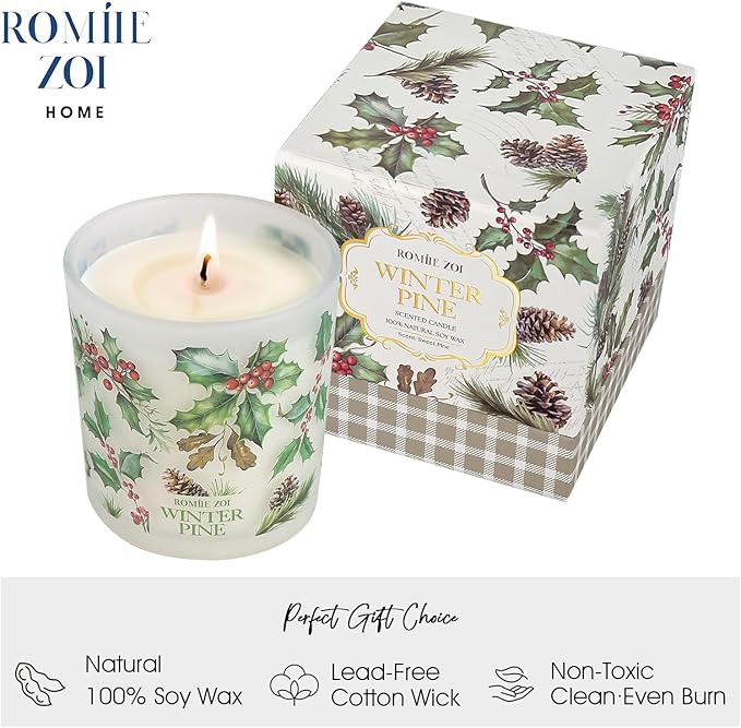 ROMIIE ZOI Christmas Scented Jar Candle - 6oz Soy Wax Candle - Winter Pine Infused with Sweet Pine Aroma - with Beautiful Keepsake Box Special for Christmas/Holiday Gifts