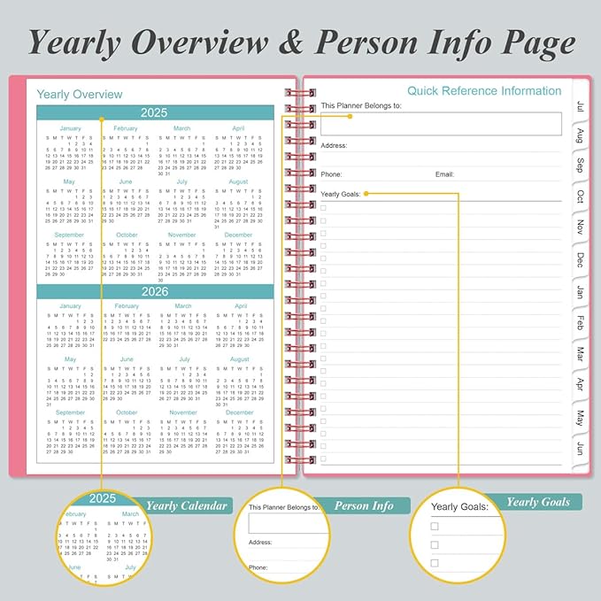 2026 Daily & Monthly Planner - One Page Per Day, Daily Planner 2026 from January 2026 to Deccember 2026, Planner 2026 with 12 Monthly Tabs, 6.4" x 8.5", Pink