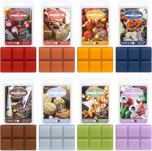 Halloween Scented Wax Melts, Scented Soy Wax Cubes Set for Caramel Apples, Pumpkin Pie, Candy Corn, Halloween Cookies, Chocolate Bars, Popcorn Balls, Caramel Corn, Halloween Gummy Candies