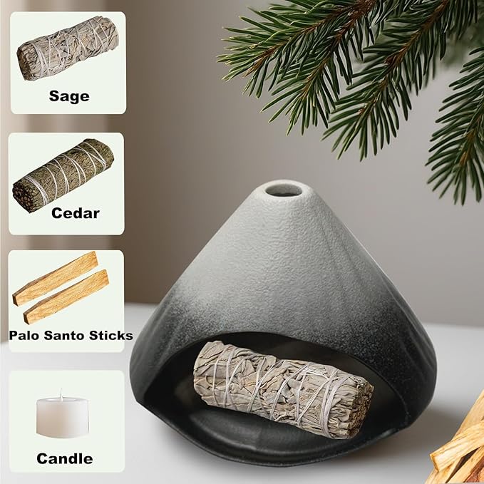 Ceramic Palo Santo Holder, Fuji Mountain Shape Incense Stick Burner for Yoga,Meditation,and Energy Cleansing Shower, Anxiety Relief for Women, Meditation Gifts with Gift Box (Black and White)