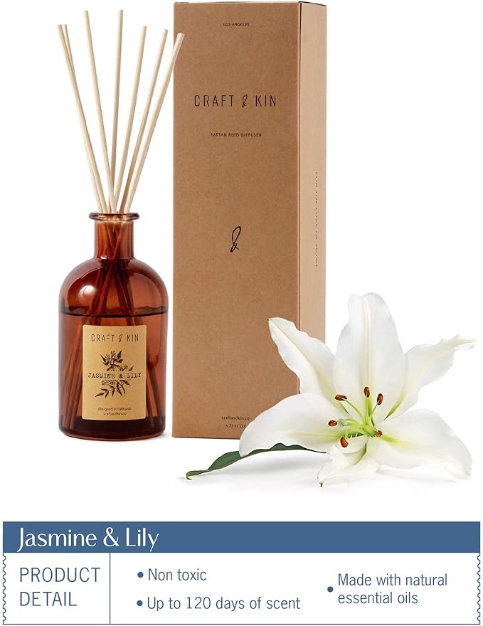 Craft & Kin Lily & Jasmine Diffuser Reed Diffuser | All Natural Essential Oil & 8 Rattan Scent Sticks | Reed Diffusers for Home, Bathroom | Long Lasting Home Fragrance in Amber Glass, 5.75oz