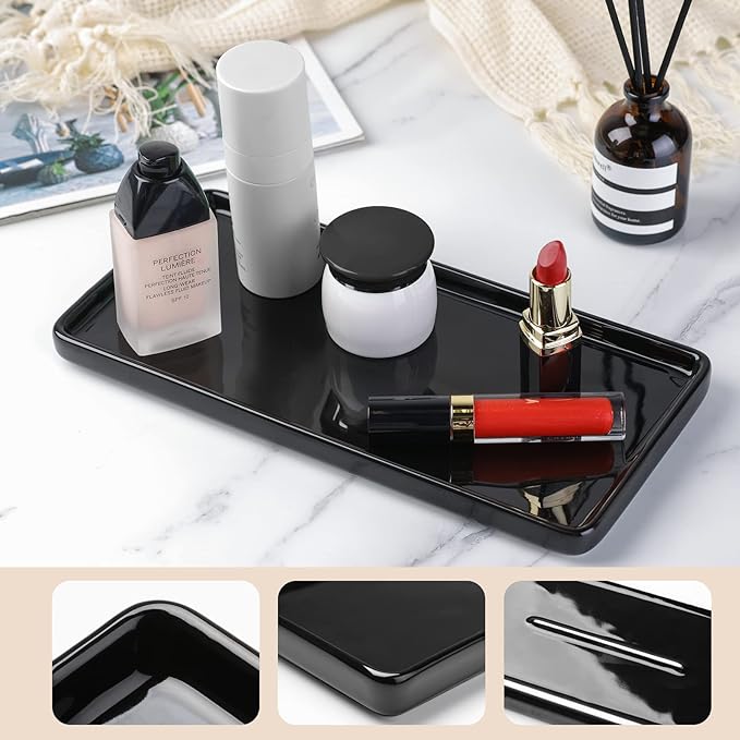 Gurygo 10" Bathroom Tray, Ceramic Vanity Tray for Bathroom, Small Ceramic Trays, Kitchen Soap Trays for Kitchen Counter (Black, 10",Set/1)