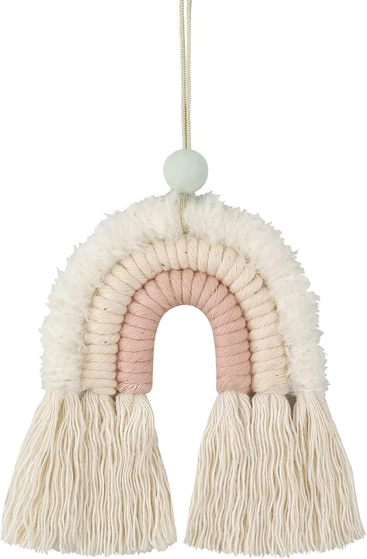 BOHO GARDEN Macrame Rainbow Charm - Essential Oil Diffuser for Cars, Baby Nursery, Children's Bedroom & Home Decor - Colorful Decorative Hanging Air Freshener & Accessories - 3x3.5 - Soft Pink