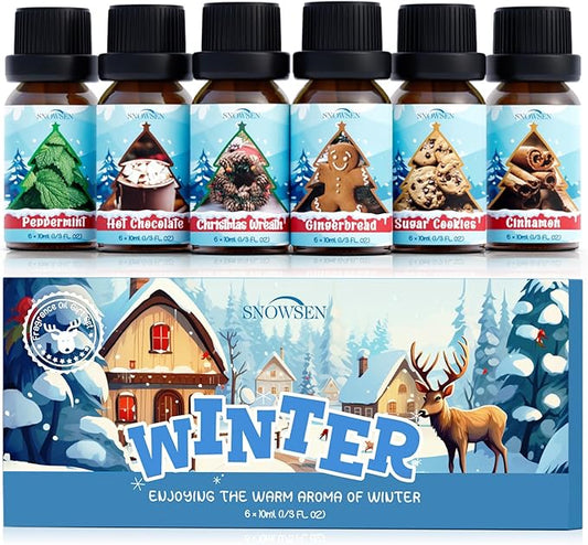 Winter Essential Oil Set, 6x10ml Fragrance Oils for Diffuser & Candle Making - Christmas Wreath, Gingerbread, Sugar Cookies, Hot Chocolate, Peppermint, Cinnamon Aromatherapy Oils for Home
