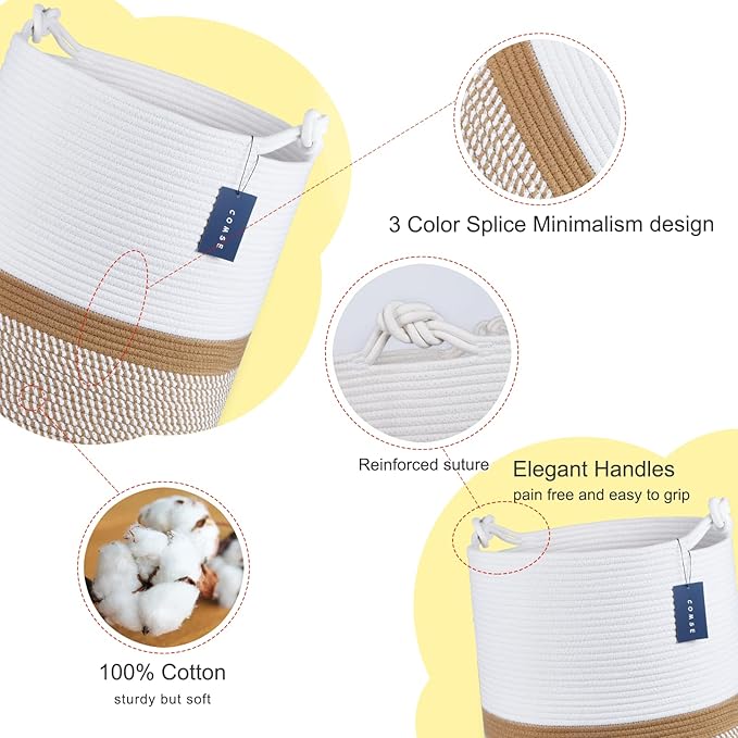 COMSE Extra Large Blanket Basket, Tall Woven Storage Basket, Nursery Hamper, 15.7”x 21.7”, Cotton Rope Laundry Hamper for Toys Clothes Towels, Blend White/Camel