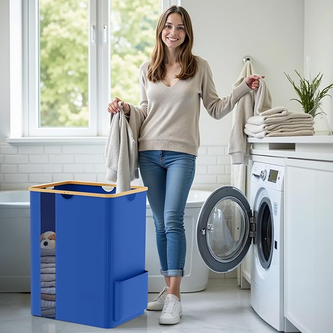 Laundry Basket Clothes Hamper with Lid and Pocket Large Collapsible Laundry Baskets with Handle, Blue Freestanding Hampers for Bedroom Aesthetic, Dorm, Bathroom, Laundry Room (150L)