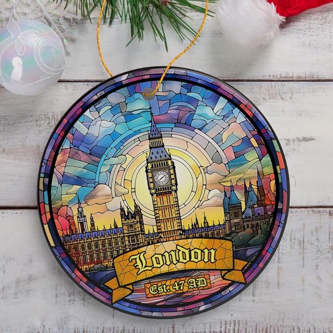 Elegant London Stained Glass Art Style Ornament, Vintage Big Ben Souvenir