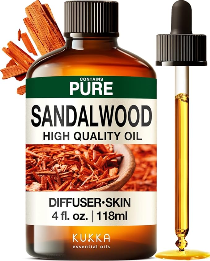 KUKKA Sandalwood Essential Oils - 4 Fl Oz - for Hair, Skin, Diffuser, Aromatherapy & DIY Soap Making Scent
