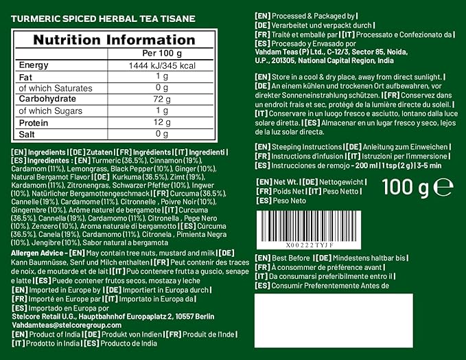 VAHDAM, Turmeric Spice Herbal Tea (50+ Cups, 3.5 oz) Caffeine Free, Non GMO, Gluten Free | 100% Pure Herbal Tisane - Savory & Spicy | Whole Loose-Leaf, Vacuum Sealed for Freshness