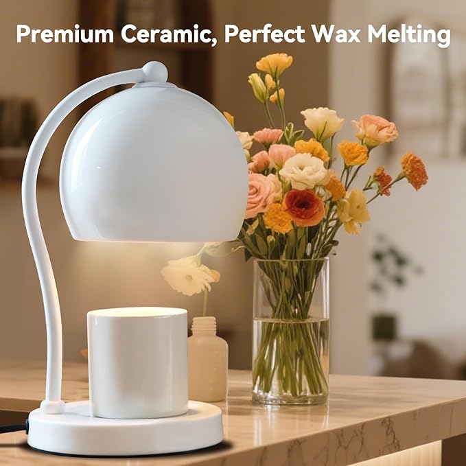Ceramic Dimmable Candle Warmer Lamp with Timer Fit for Medium Size Candle Jars, Aesthetic Design with 2 Bulbs, House Warming Gifts, New Home Decor, Mother's Day, Birthday Gifts (White)
