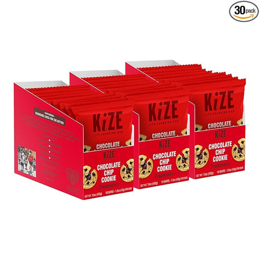 KiZE Energy Bars - Chocolate Chip Cookie - 30-Count - Almond-Butter-Based, Gluten Free, Dairy Free, Non-GMO, and High Protein Meal Replacement Energy Bars, Clean and Simple Food Ingredients - 10g High Protein Snacks (30 Count)