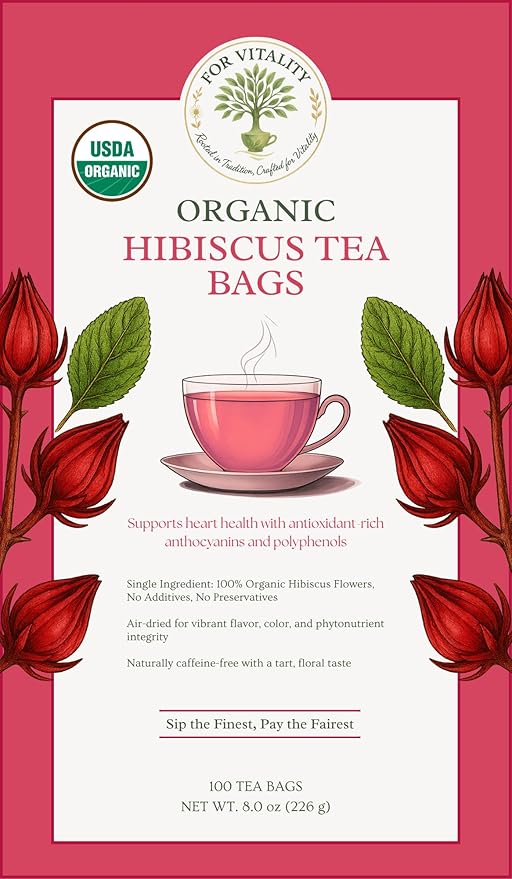 Organic Hibiscus Tea (100 tea bags | 8 oz | 226g) - Supports cardiovascular well-being, menstrual comfort and hormonal balance