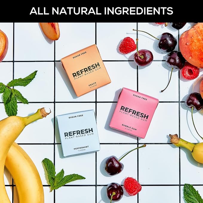 Refresh Gum, Xylitol, Sugar Free, Natural, Chewing Gum, Natural Flavors & Organic Ingredients, Plant-Based, Non GMO, Gluten Free, Vegan, Peppermint, Bubble Gum & Peach, 12 Pcs, 6 Pack