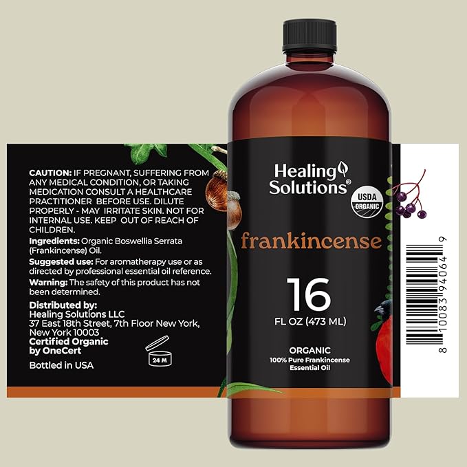 Healing Solutions Organic Frankincense Essential Oil - 16oz, 100% Pure, Therapeutic Grade for Aromatherapy, Diffuser, Relaxation