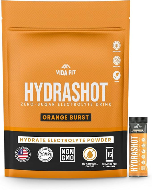 Hydrashot Orange Flavored Hydration Formula with Coconut Water Powder, Calcium, Magnesium, Potassium, and Sodium, Sugar-Free, Hydration Powder Packets, Rehydrates and Replenishes Electrolytes
