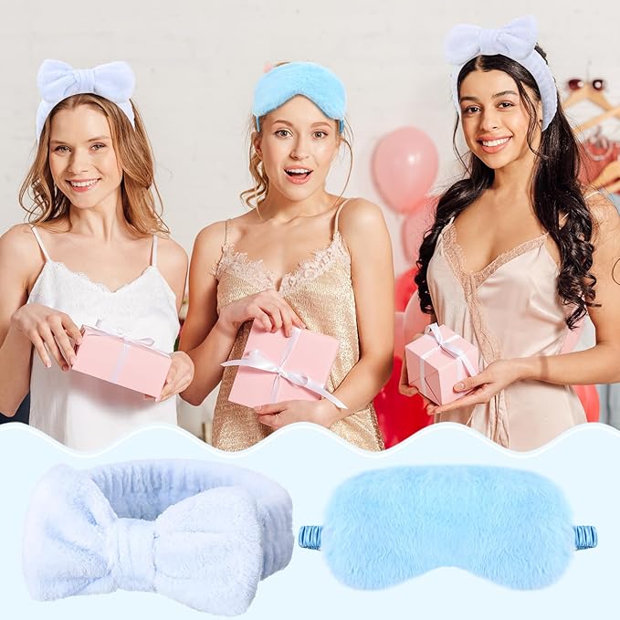 Jexine 24 Pcs Spa Headband Plush Sleep Eye Mask Bulk Bow Hair Band Makeup Headband for Washing Face Sleepover Party Supplies Sleeping Stuff Accessories for Single Party (Blue)