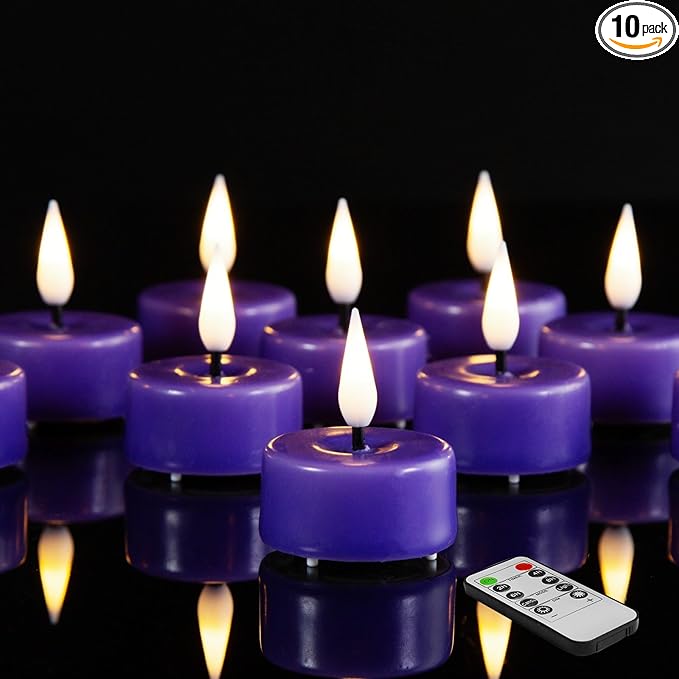 Eywamage Purple Flameless Wax Tealights with Remote Batteries, Flickering Colored LED Tea Votive Candles Set of 10