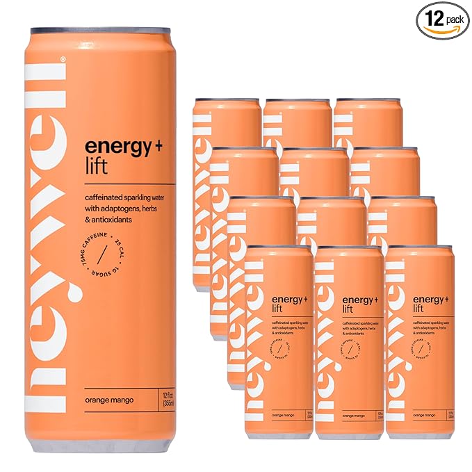 Heywell Sparkling Adaptogenic Water, Energy and Uplift, Orange Mango Flavor 12 Fluid Ounce (Pack of 12) - Non Caffeinated, Organic, Non GMO, Vegan, Gluten Free, Dairy Free