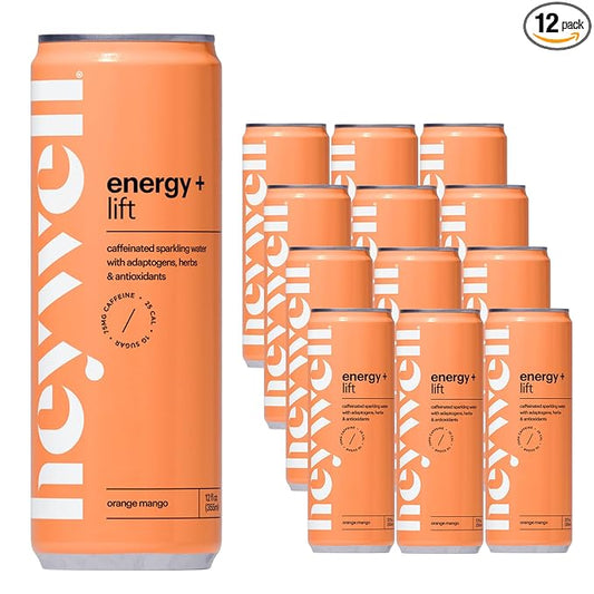 Heywell Sparkling Adaptogenic Water, Energy and Uplift, Orange Mango Flavor 12 Fluid Ounce (Pack of 12) - Non Caffeinated, Organic, Non GMO, Vegan, Gluten Free, Dairy Free
