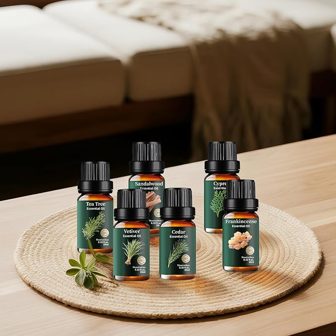 Woody Essential Oils Set Pure, Mumianhua Sandalwood, Cedar, Tea Tree, Cypress, Frankincense, Vetiver - Natural Classic Woody Aromatherapy Meditation Set for Diffuser, Candle & Soap Making Gift 6x10ml
