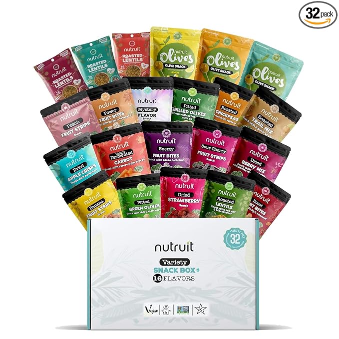 Nutruit Gourmet Healthy Snacks - 32 Pack MEGA Variety Box (12-14 Flavors) - Vegan, Gluten Free, Non-GMO Bulk Snacks - Kosher, High Protein, High Fiber, Plant-Based Healthy Snack - 1.2oz Packs