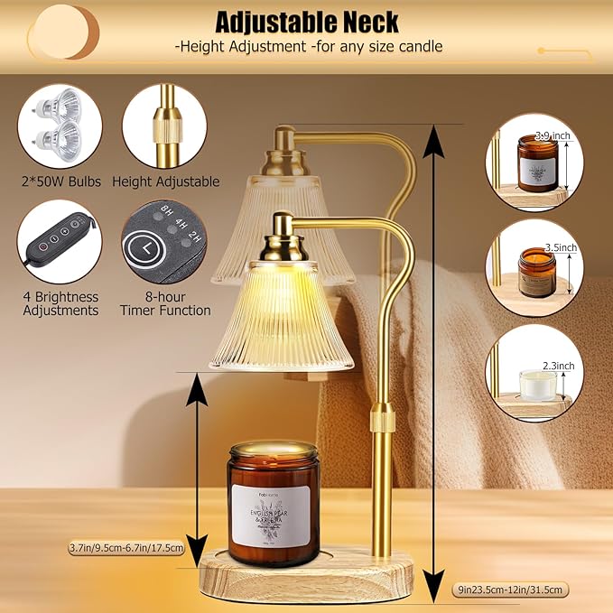 Dimmable Candle Warmer Lamp With Timer, Height Adjustable Electric Wax Warmer for Yankee Large Jar, Top-Down Light Heat Melting With 2 Bulbs for Home Decor