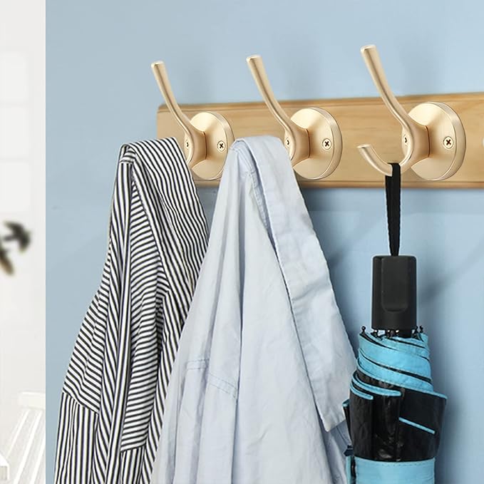 Gold Coat Hooks for Wall, 3 Pack Towel Hook Heavy Duty Metal Double Bath Robe Hook Wall Mount, Hat Hooks for Cubicle Bathroom Kitchen Closet Garage