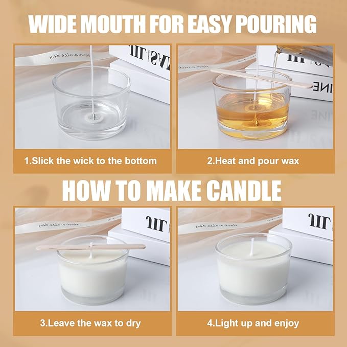 4oz Glass Candle Jars, 12-Pack Small Candle Jars for Making Candles, Empty Thick Glass Wide-Mouth Jars with Bamboo Lids & Wick Kits, Candle Containers Bulk - Clear