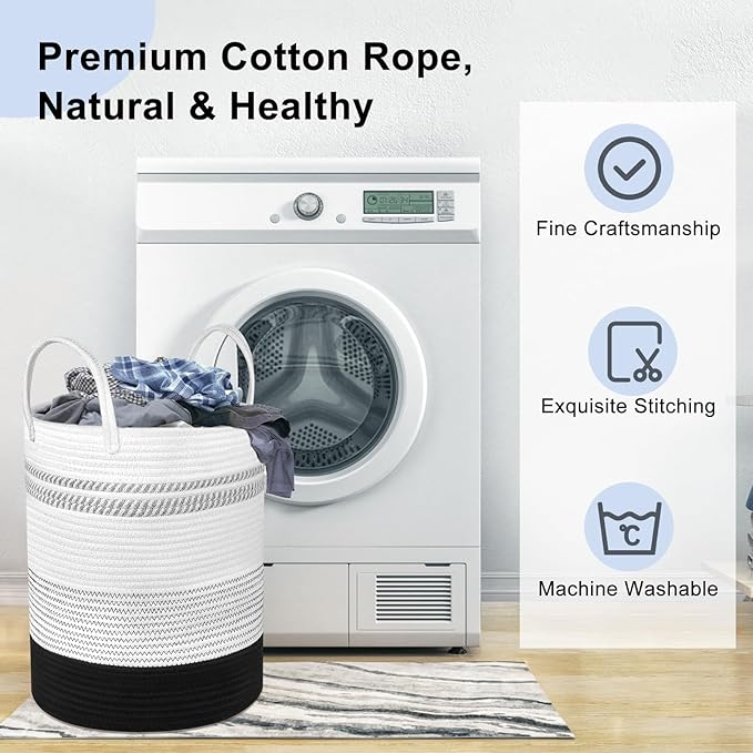 2 Pack Large Tall Rope Laundry Baskets, Cotton Laundry Hamper, Dirty Clothes Hampers Woven Basket, Blanket Basket Storage for Living Room, Dirty Clothes Baskets for Bedroom, Baby Room, 58L&28L Black