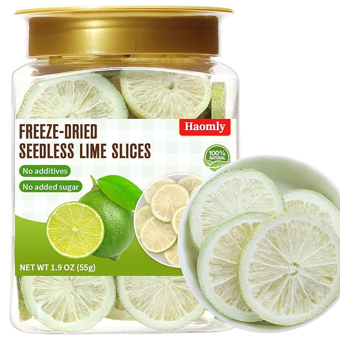 Haomly Freeze-dried Seedless Lime Slices,About 40 Slices,Dehydrated Limes for Cocktails,Tea, Snacking, Baking, Smoothies, Garnishing, and Desserts,100% Natural Dried Limes