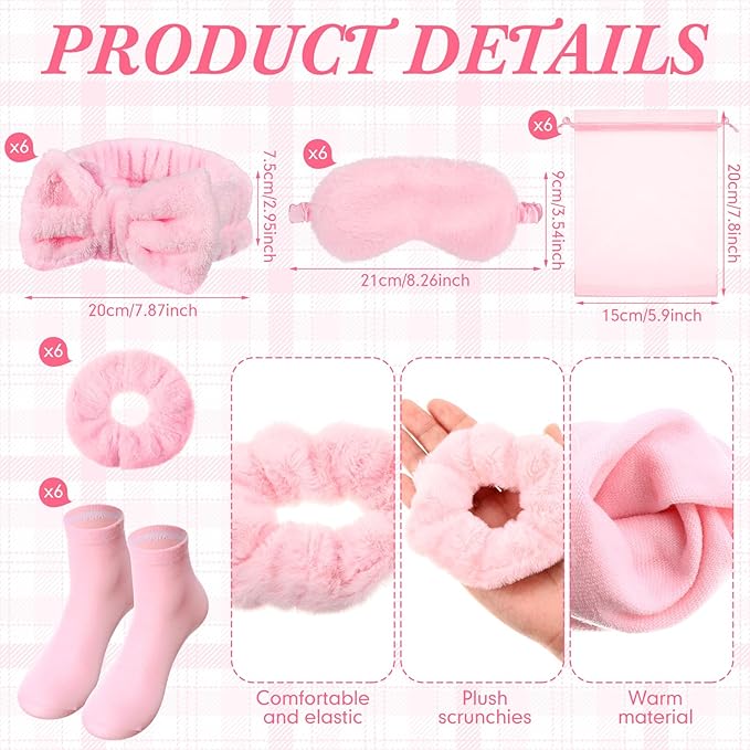 30 Pcs Spa Party Favors Sleepover Party Supplies Include 6 Bow Headbands 6 Eye Masks 6 Pink Socks 6 Scrunchies 6 Organza Bags for Girls Women Slumber Spa Birthday Bachelorette Pajama Gifts