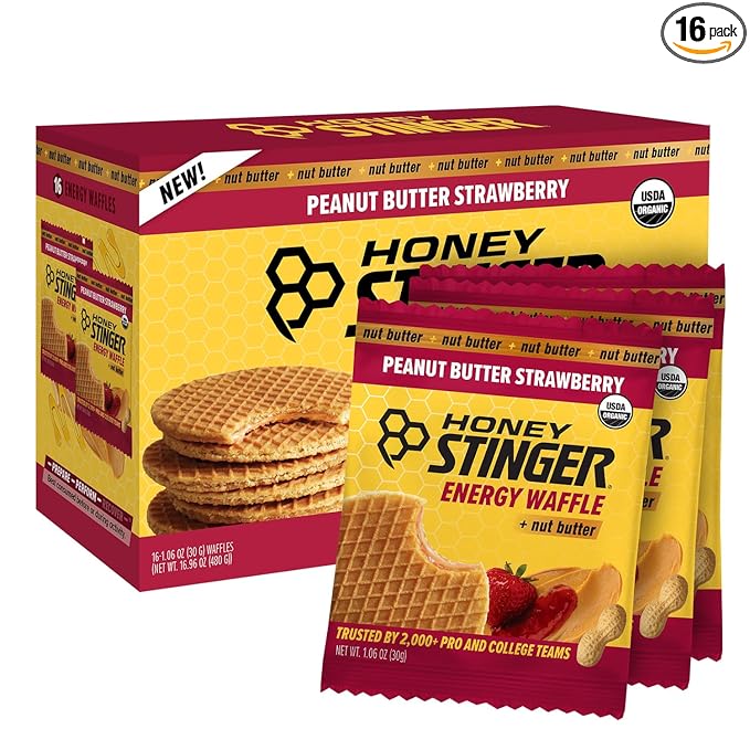 Honey Stinger Organic Peanut Butter Strawberry Waffle, Energy Stroopwafel for Exercise, Endurance and Performance, Sports Nutrition for Home & Gym, Pre & During Workout, 16.96 Ounces (Pack of 16)