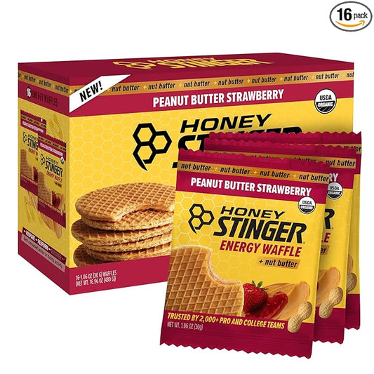 Honey Stinger Organic Peanut Butter Strawberry Waffle, Energy Stroopwafel for Exercise, Endurance and Performance, Sports Nutrition for Home & Gym, Pre & During Workout, 16.96 Ounces (Pack of 16)