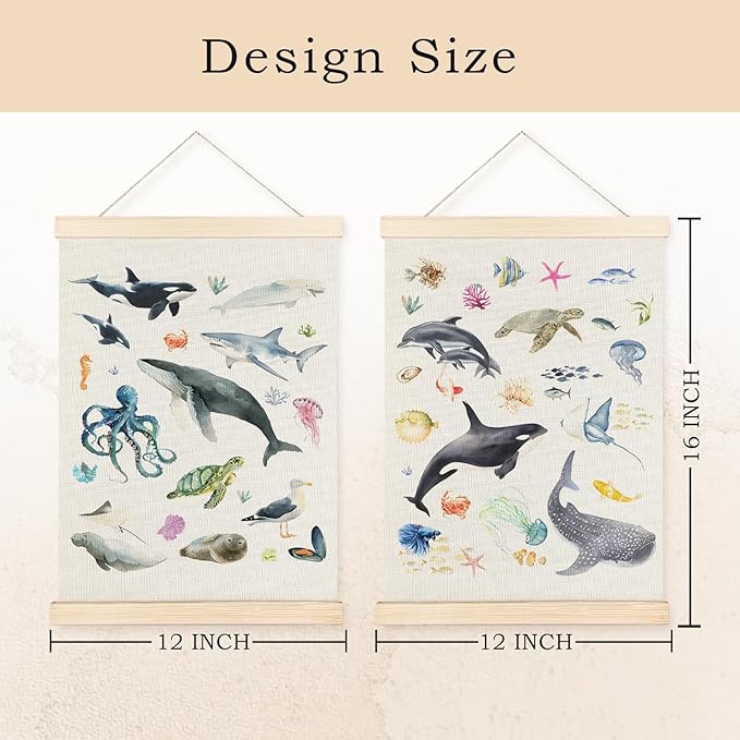 Exqcom Ocean Nursery Decor, Coastal Beach Sea Animal Wall Art Poster, Under the Sea Shark Whale Octopus Turtle Ocean Marine Life Posters for Kids Room Nursery Playroom Classroom, 12x16 Inches Set of 2