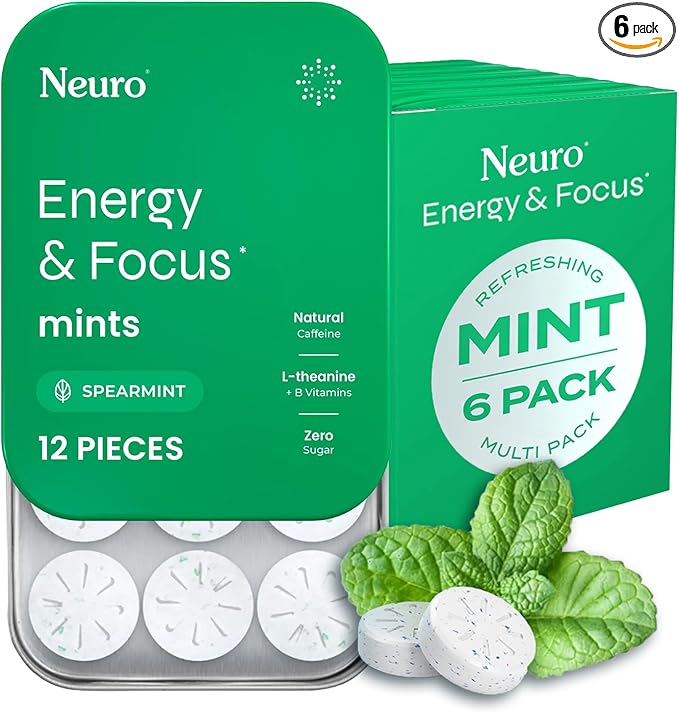 NeuroGum Energy & Focus Mints (Spearmint, 72 Pieces) | 40mg Natural Caffeine + L-Theanine + Vitamin B12 & B6 | Sugar Free Nootropic Cognitive Brain Performance Supplement