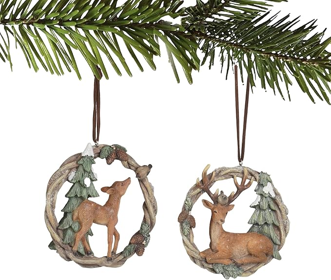 Christmas Tree Ornaments Christmas Decorations - Set of 2 Resin Christmas Woodland Deer in Wreath Ornaments Brown/Sage Green Men for Family Braxio
