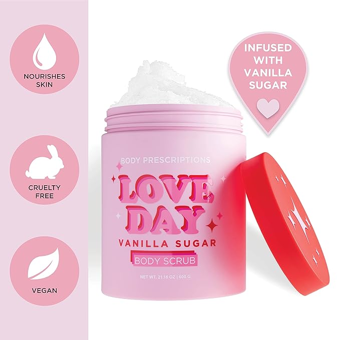 Body Prescriptions Exfoliating Body Scrub – Body Cleanser for Nourished, Ultra-Smooth Skin, Vanilla Sugar (Love Day)