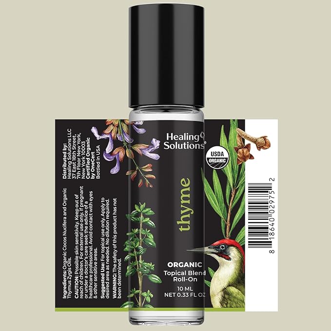 Healing Solutions (2 Pack) USDA Certified Organic Thyme Essential Oil Roll-On for Perfume, Body & Skin - Organic Thyme Oil Aromatherapy Roller