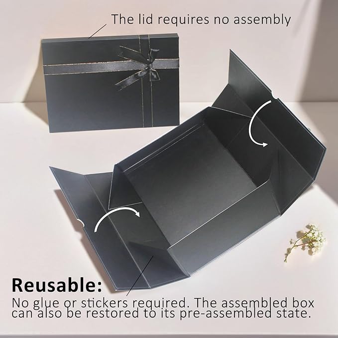 Eerbaier Gift Box with Lid for Present - 3 Pack Small Gift Boxes 8.6x6.3x3.5 Inches, Black Gift Box with Raffia Paper Fill and Greeting Card