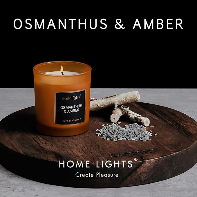HomeLights Luxury Scented Candle, Natural Soy Wax, Home Fragrance Decor Gift, Osmanthus & Amber, Medium Jar